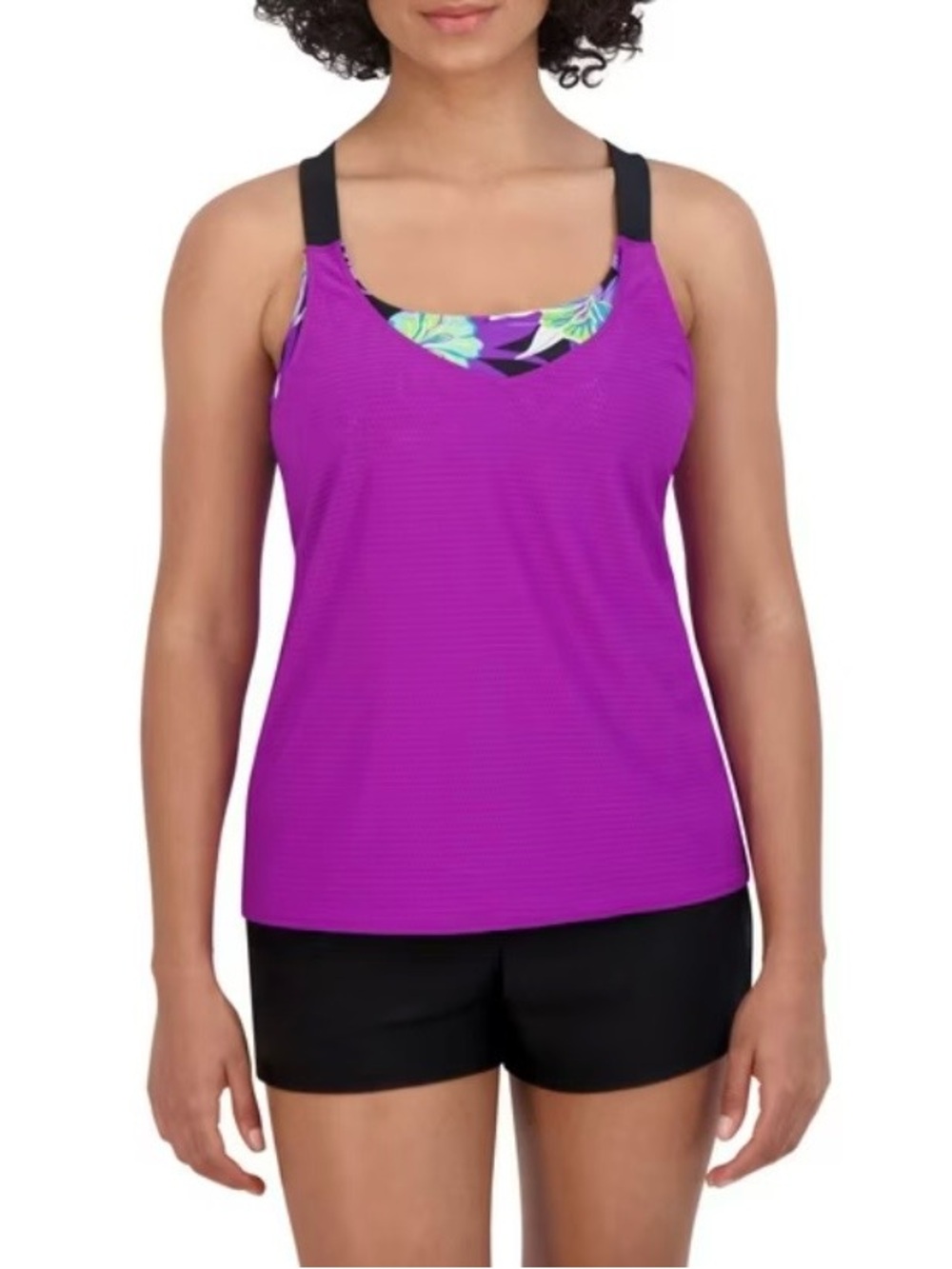 ZeroXposur Purple Racerback Tankini Top with Floral Accent